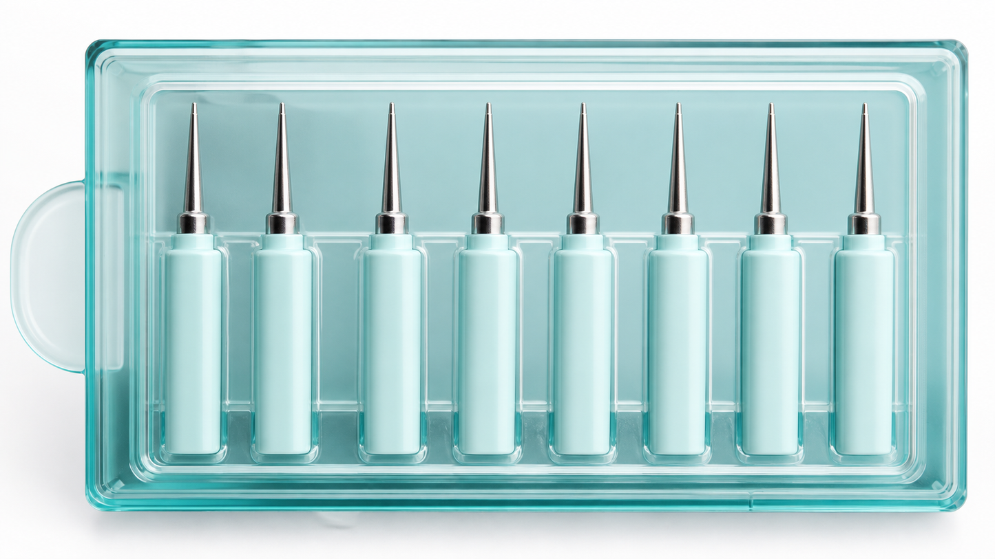 Close-up of WriteFit graphite marker refill tips in aqua clinical case