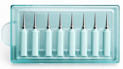 Close-up of WriteFit graphite marker refill tips in aqua clinical case